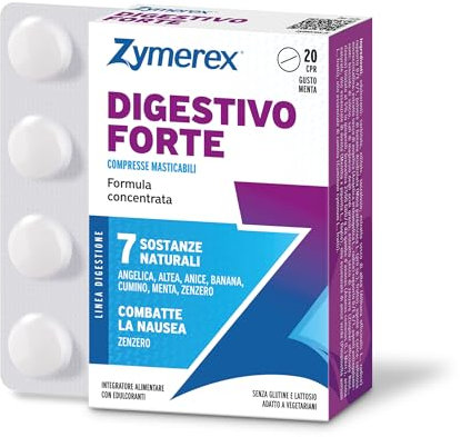 Zymerex - Digestivo Forte | 20 compresse masticabili | Acidità gastrica | Nausea | Gonfiore addominale | Gusto menta | Senza glutine e lattosio