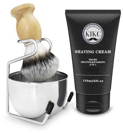 Kikc 5 in 1 Shaving Kit, Shaving Brush Kit for Men,Set Include Synthetic Shave Brush, Stainless Lathering Bowl, Shave Brush Stand, Shaving Cream, Shave Manual, Best Gift for Bearded Man,Silvery Set