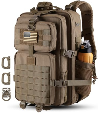 Hannibal Tactical 45L MOLLE Assault Backpack, Tactical Backpack Military Army Camping Rucksack with Bottle Holder, 3-Day Pack Trip w/USA Flag Patch, D-Rings, Khaki