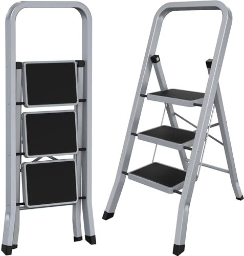 AMHANCIBLE Trittleiter, Leiter mit 3 Stufen, bis 150 kg belastbar, Klapptritt mit breitem Anti-Rutsch-Pedal und Klappsicherung, Einfach zu Verstauen, Perfekt für Küche & Haushalt, Taubengrau EBSL03GY