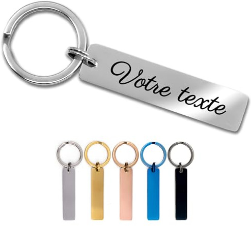 Porte-clés personnalisé gravé avec texte et icônes - Métal inox, idéal voiture avec prénom et numéro de téléphone, cadeau papa, fête des pères, femme homme