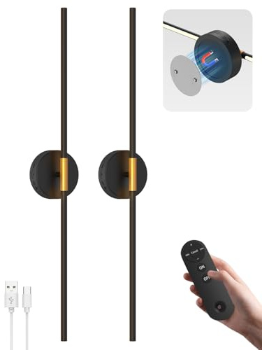 Battery Operated Wall Sconces Set of 2, 360° Rotatable Wall Sconce with Remote, 3000K Dimmable Magnetic Mount Wall Sconces, Rechargeable 28.3inch Wall Lights for Bedroom, Living Room, Dinning Room