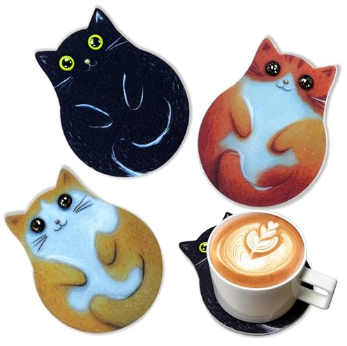 Rustic Cat Coasters for Table | Absorbent Felt Coasters Set of 3, Non-Slip Placemats for Drinks, Unique Kitten Design Decor, Washable & Scratch Protection Housewarming Gift