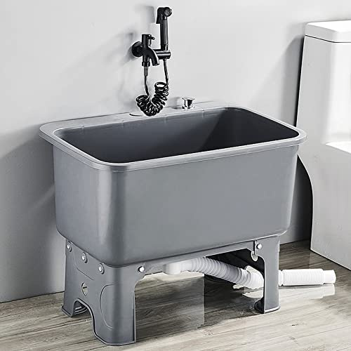 JKJZSALJ Floor Mop Sink,Freestanding Laundry Tub Sink With Faucet - Floor Mop Sink For Washing Room, Basement & Shop - Durable Slop Sink With Countertop Drain For Easy Cleaning,Grey