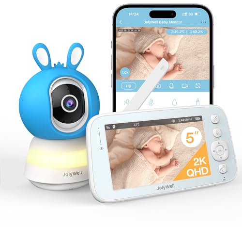 JolyWell babymonitor med kamera och app, 5-tums babymonitor IPS-skärm, ultra-HD mörkerseende, rörelse/vinalarm, temperatur och fuktighetsmätning, nattlampor och vaggvisor