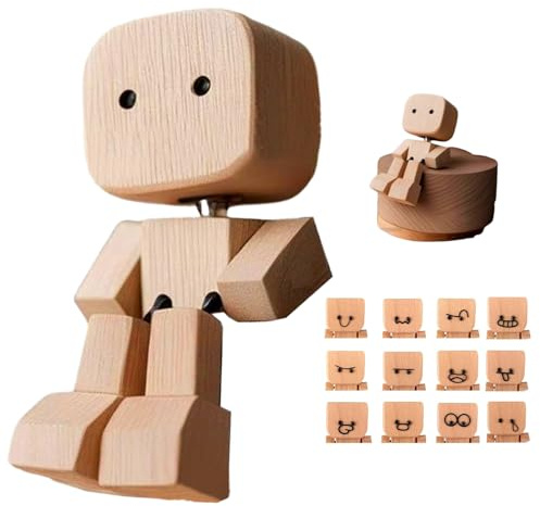 WOUYTPE Muñeco de Madera con Pies Móviles, Figura de Madera Oscilante para Coche con 12 Caras Intercambiables, Divertido Muñeco Cabezudo como Accesorio Decorativo para Casa o Automóvil