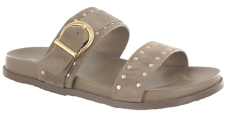 ella Double Strap Studded Slider Sandals, Leather, Open Toe, Adjustable Buckle, Gold-Tone Detail, Flat Slide, Multiple Colours