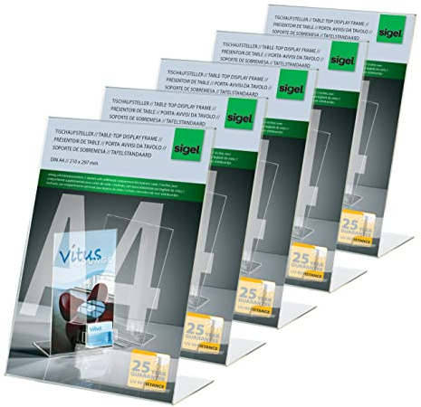 Sigel TA230 Tischaufsteller A4 schräg, 5 Stück, mit Zusatzfach für Visitenkarten, hochwertiges glasklares Acryl, Werbeaufsteller