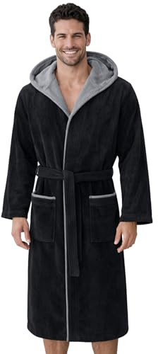 Morgenstern Peignoir de Bain Homme Éponge Lux Coton avec Capuche Taille L Noir 2 Poches et Ceinture Doux, Absorbant et Confort,L,Noir