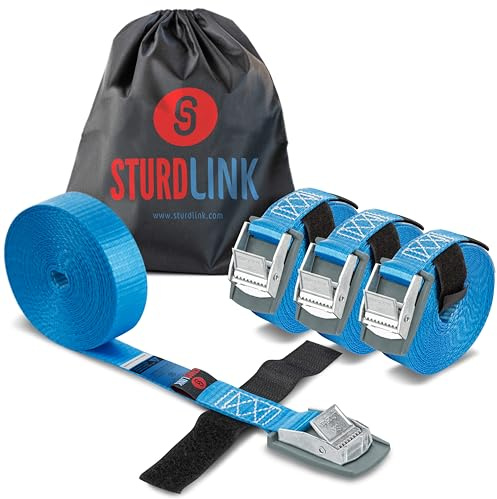 STURDLINK Set med 4 spännremmar, 25 mm, 250 kg med kamspänne och fäste 3 m, 4 m 5 m + väska, för fastsättning och dragning på cykeldörr, bagageutrymme och takräcken för bil, släpvagn, surfing,