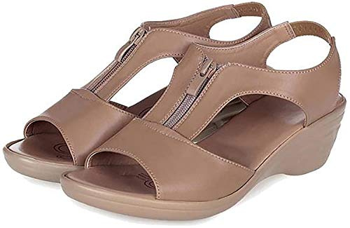 LONG-M Donna Sandali Outdoor Mid Tacco Sandali con Zeppa Inferiori Molli Comodi Sandali della Piattaforma Sandali,Cachi,37