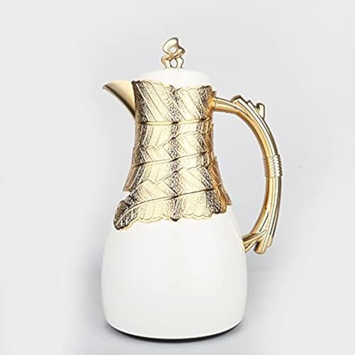 Insulated Coffee Carafe, 32 oz, Luxury Moroccan-Style Vacuum Insulated Thermos Flask with Spout, Glass Liner, for Tea, Coffee, Water - Carafes & Pitches with Lid-White and Gold