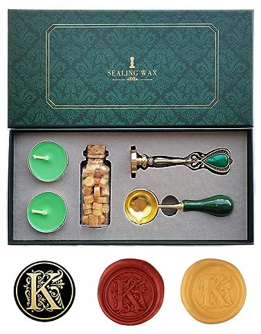 Ausgefallene Buchstaben K Wachssiegel-Stempelset, AMTOL Wachssiegel-Stempelset im europäischen Stil, Geschenkbox-Set, Vintage personalisierte Wachssiegel-Stempel für Briefkarten-Einladungen (K)