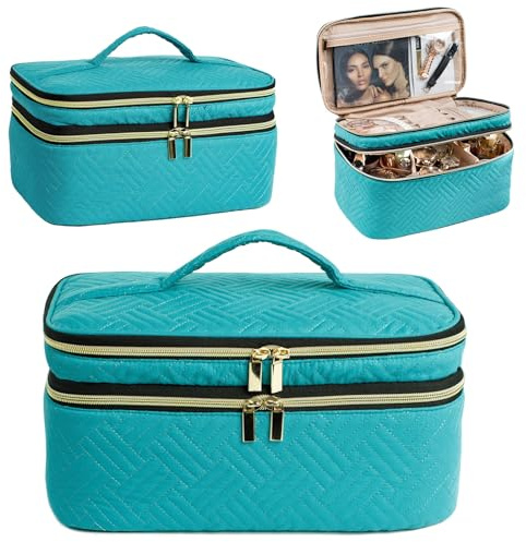 AMOIGEE Large Makeup Bag, Travel Makeup Bag Organizer, Double Layer Train Case Makeup Bag, Toiletry Bag for Makeup Brushes, Full Size Bottles, Palettes Sponge, Cosmetic Organizer