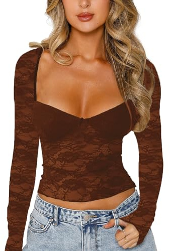 Yassiglia - Top elegante da donna a maniche lunghe in mesh, con pizzo, scollo basso, crop top, sexy, in pizzo, per ragazze, Y2K, maglia a maniche lunghe, marrone scuro, S