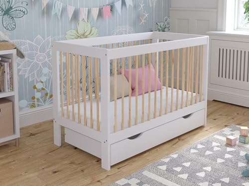 Love For Sleep Lit Bébé Évolutif 120x60 cm en Bois de Pin Blanc avec Barrière de Sécurité et Tiroir – Modèle LUCA – Lit Transformable pour Enfant, Fille ou Garçon