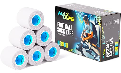 Max Tape Cohesive Bandage Football Sock Tape, Shin Pad Tape 5cm x 4.5m Box of 6 (White)