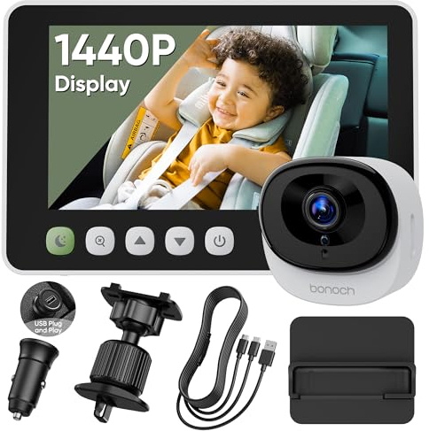 bonoch Cámara de bebé 1440p para Coche USB C con visión Nocturna de Cristal, Espejo de Coche de bebé de 5 Pulgadas con cámara para el Asiento Trasero dirigido hacia atrás, fácil instalación, Zoom 4X