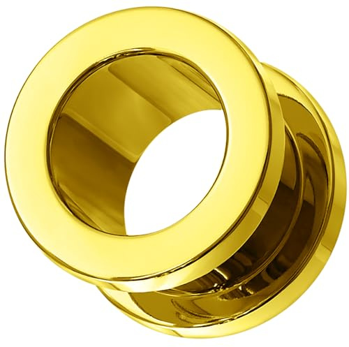 AZARIO LONDON Túnel de carne anodizado dorado, calibre de oreja, tapón y túnel de acero quirúrgico, 16mm - 1 Pair, Acero quirúrgico 316L, No es una piedra preciosa