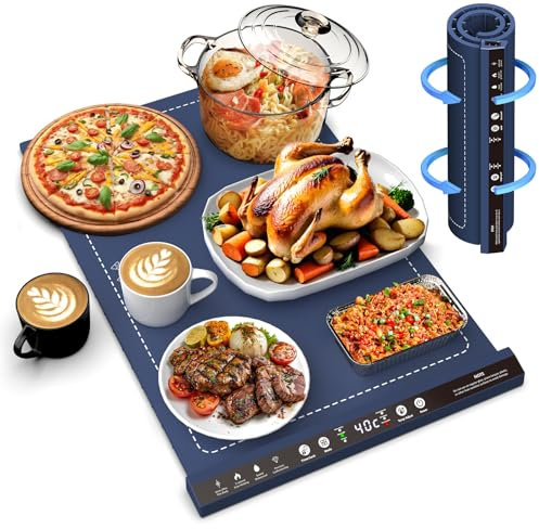 Nardea Large Electric Warming Trays for Buffets Party, Foldable Food Warmers Mats with 8 Temp Setting, Food Heating Mats with Thermostatic Indicator, 24 Hours Timer, Child Safety Lock