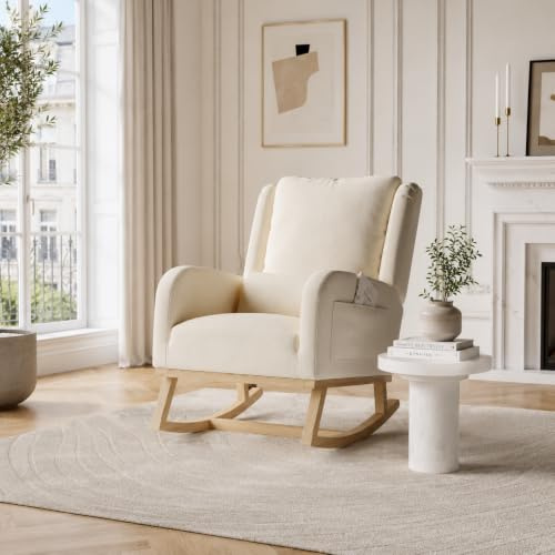 Poltrone da salotto a dondolo, sedia a dondolo scandinava con base in legno, 2 tasche laterali, poltrona a 1 posto per ufficio, soggiorno (colore beige b)
