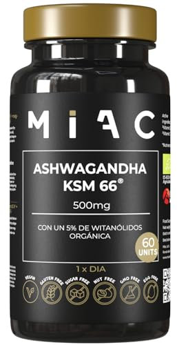 MIAC Ashwagandha ksm-66 Orgánica 500 mg con 5% Withanólidos | Alta Concentración | Pastillas Memoria y Concentración | 2 Meses Suministro
