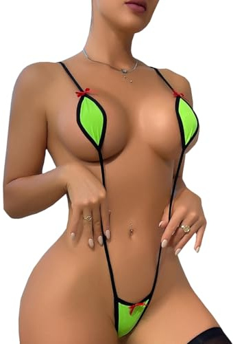 Femmes Sexy Micro Bikinis Halter Lingerie Salope Transparent Exotique Maillot de Bain Une Pièce Sling, Vert, Taille Unique