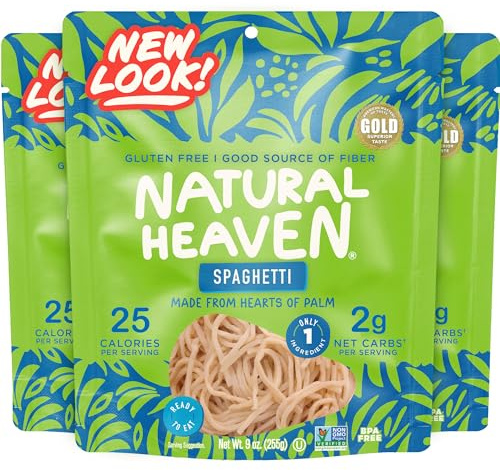 Natural Heaven Spaghetti Noodles, Hearts of Palm, 3-Pack – Naturally Rich in Potassium, Low-Calorie Veggie Pasta, Keto & Gluten-Free Food, Vegan, 9 Oz Ea