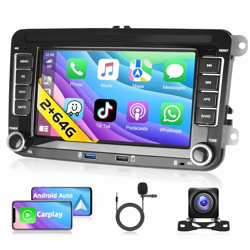 [2G+64G] Autorradio Apple CarPlay para VW/Seat/Skoda/Passat/Golf/Polo,con CarPlay inalámbrico y Android Auto,pantalla táctil HD de 7,Bluetooth 2 DIN Radio,GPS/SWC/FM/RDS/USB+cámara de reversa AHD,Mic