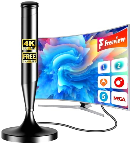 Antena de TV Interior 2026, Antena Digital Smart TV Base Magnética Fuerte, Alcance 480Km, Compatible con 4K 1080P Full HD, Cable Coaxial 5m, Recepción Freeview y Canales Locales DTT