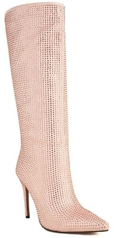 Stivali alti al ginocchio da donna con strass scintillanti, tacco alto a stiletto, punta a punta, scarpe da sera larghe per feste e balli, rosa, 37 EU