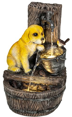Outsunny Garden Water Feature with 3-Tier Rustic Puppy Design, Waterfall Outdoor Fountain with LED Lights, Adjustable Flow, Freestanding Resin Water Fountain for Patio Garden, Rustic Brown