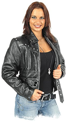 Fuente Leather Wears Lederjacke Damen echt Leder- mit Nieten und Gürtel- Biker Lederjacke Damen- Motorrad Lederjacke Damen- Schwarz