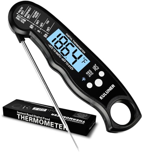 KULUNER TP-01 Waterproof Digital Instant Read Meat LCD Thermometer with 4.6” Folding Probe Backlight & Calibration Function for Cooking Food Candy, BBQ Grill, Liquids,Beef(Black)