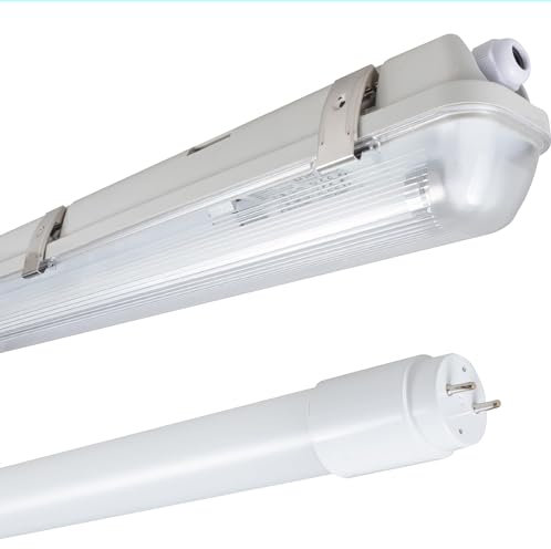 Proventa Feuchtraumleuchte mit HF-Bewegungsmelder und LED-Röhre 150 cm, 20,5 W, 3.100 Lumen, 4.000 K, IP65, 50.000h, IK08, Kunststoff grau, Flackerfrei
