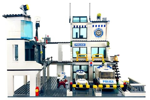 General Jim's Police Station and Jail Building Blocks Set - Multi-Level City Set with Police Vehicles, Guard Lookout, and Command Center - Compatible with Major Brick Building Brands