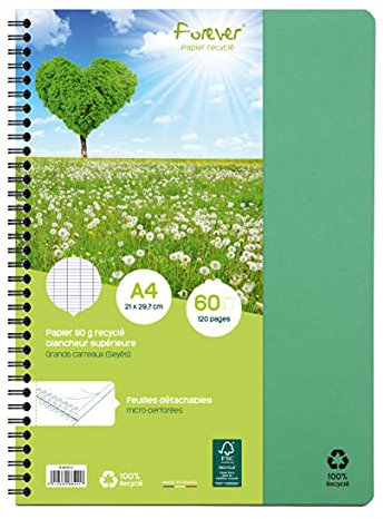 Clairefontaine Forever 68401C Un Cahier à Spirale 100% Recyclé - A4 21x29,7 cm - 120 Pages Détachables Grands Carreaux - Papier Recyclé Blanc 90 g - Couverture Carte Recyclée
