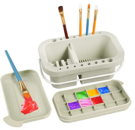 Paint Brush Washer Pot Multifunctional Paint Brush Cleaner Pot Plastic Artist Paint Brush Washing Bucket with Lid Palette and 16 Hole Brush Holder for Oil Acrylic Watercolors Painting Gray