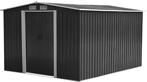 Garden Storage Shed Metal 8 x 10 FT Outdoor Box with Base 4 Vents Lockable Sliding Doors Sloped Apex Roof for Patio Backyard Bike Tool All-Weather (Grey)