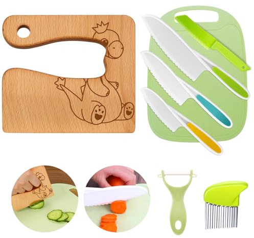Kindermesser 8-teiliges Kinder-Küchenmesser-Set zum Schneiden und Kochen von Obst oder Gemüse für Kleinkinder, inklusive Holzmesser Schneidebrett Schäler(Dinosaurier)