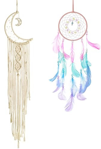BDSHUNBF 2 Stücke Traumfänger, Gewebte Dreamcatcher Boho, Traumfänger Kinder, Wandbehang Mond Traumfänger, Feder Traumfänger für Kinderzimmerdekoration, Handgemachte Und Schlafzimmer Wanddekoration