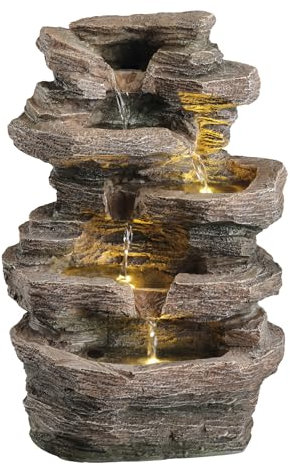 LED Brunnen Wasserfall Gartenbrunnen Kaskadenbrunnen aus Polyresin mit LED Beleuchtung Dekobrunnen für Innen und Außen Felsbrunnen Zierbrunnen (Fels)