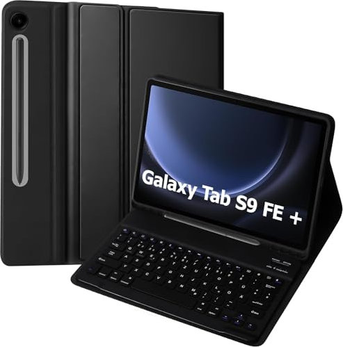 KTOITION Tastatur Hülle Kompatibel mit Samsung Galaxy Tab S9 FE+ / S9+ / S9 Plus / S10+ 12.4 Zoll 2023/2024 mit Schutzfolie, QWERTZ Deutsches, Abnehmbar Tastatur Schutzhülle mit Pencil Halter Schwarz