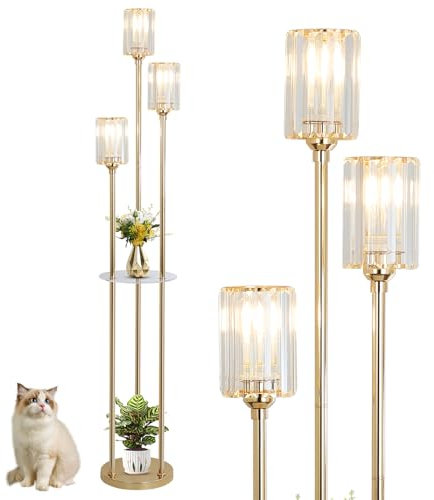 Rayofly Lampada da Terra Moderna con Ripiani, Lampade da Terra a 3 Luci in Oro per il Soggiorno, Lampada a Piedi in Cristallo con Paralumi in Vetro e Interruttore a Pedale, Lampade a Piedi in Ottone