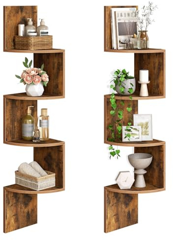 HOOBRO Corner Shelf Wall-Mounted, Set of 2 Floating Corner Shelves for Wall, 4-Tier Corner Bookshelves for Living Room, Bedroom, Bathroom, Home Office, Rustic Brown BF25BJP201