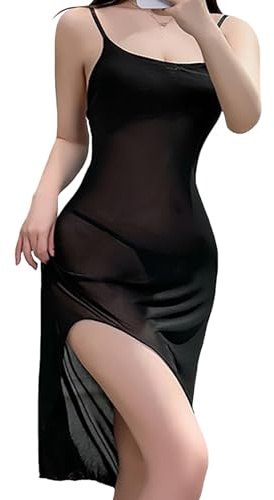 MIZSPISE Fond de Robe Femme Long Sexy Lingerie Elegant Jupon Chemise de Nuit à Bretelles Chair/Noir Fendue Nuisette Transparente sous-Vêtements avec Culotte Réglable