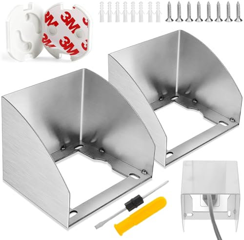 GZhaizhuan 2 Stk Steckdose Regenschutz Edelstahl Wasserdichter Steckdosenschutz und 2 Steckdosensicherung für Badezimmer, WC, Außenbereiche, mit Schrauben Dehnrohre Schraubendreher