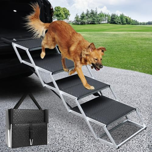 DGSL Dog Ramp for Car, 4-Step Folding Dog Stairs, Aluminum, Black, Supports Up to 250 Lbs