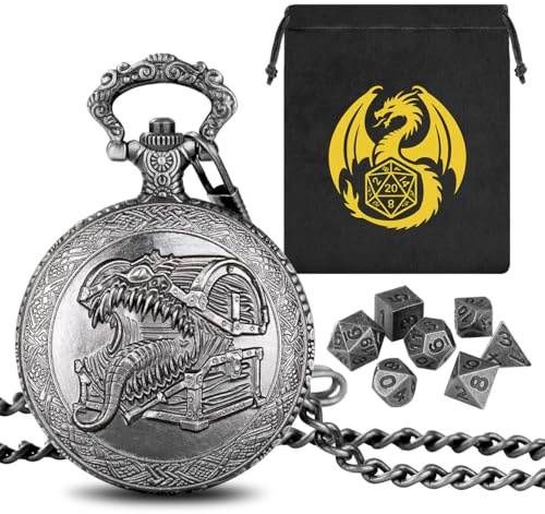 Mini DND Dice Set with Steampunk Tongue Treasure Chest Pocket Watch Shell Case, 7-Piece Polyhedral Metal D&D Dice, DND Gift Bag with Dragon Logo, Role Play Board Game Accessories, Dark Silver
