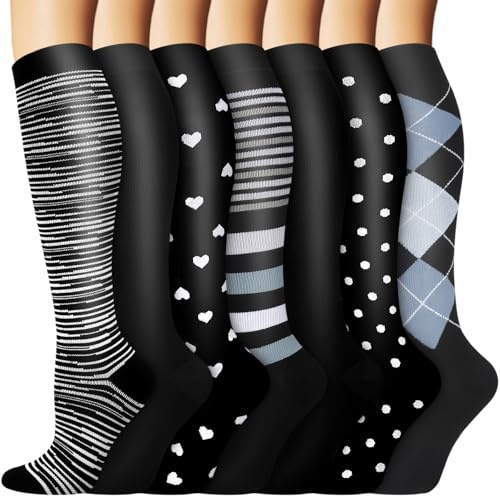ACTINPUT Kompressionsstrümpfe Damen und Herren,7 Paar Kniestrümpfe Stützstrümpfe Kompressionssocken medizinische Compression Socks trombosestruempfe klasse 2(7102 - Schwarz,S-M)